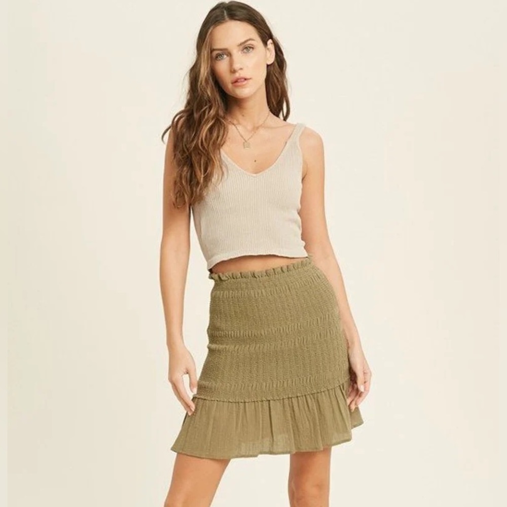 Olive Green Smocked Linen Ruffle Trim Mini Skirt